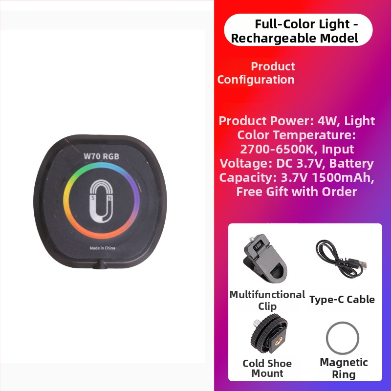 Magnetinė LED šviesa mobiliems telefonams, nešiojamas rankinis apšvietimas live ir selfie, 5W, įmontuota baterija, modelis W80RGB