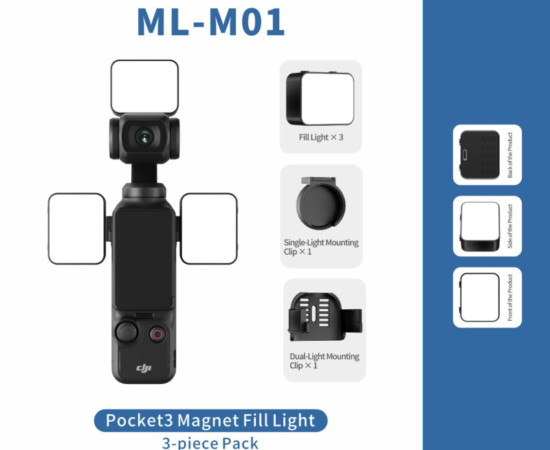 LED papildomasis apšvietimas DJI Pocket 3 (M01) – rankinis vlog apšvietimas, reguliuojama spalvos temperatūra 2500K-9900K, galia iki 10W, 5V
