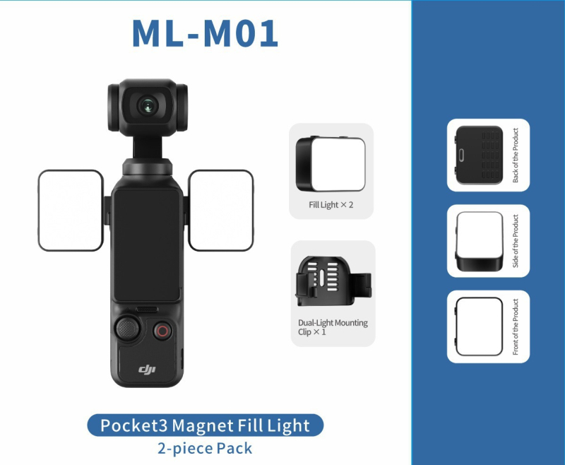 LED papildomasis apšvietimas DJI Pocket 3 (M01) – rankinis vlog apšvietimas, reguliuojama spalvos temperatūra 2500K-9900K, galia iki 10W, 5V