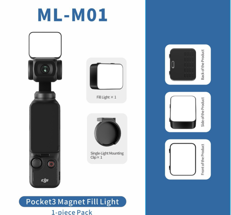 LED papildomasis apšvietimas DJI Pocket 3 (M01) – rankinis vlog apšvietimas, reguliuojama spalvos temperatūra 2500K-9900K, galia iki 10W, 5V