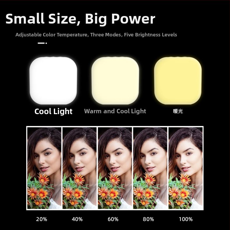 FUNIPICA F-622 LED papildomą šviesą selfie ir vaizdo įrašams – rankinis mini, magnetinis tvirtinimas, trijų spalvų temperatūrų, ≤10W, 5V/1A, 1000 mAh