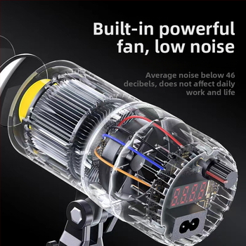 Nešiojama fotografavimo šviesa su COB šaltiniu, E27 kištukas, maitinimas 24V/3A, reguliuojamas šviesos stiprumas ir spalvos temperatūra