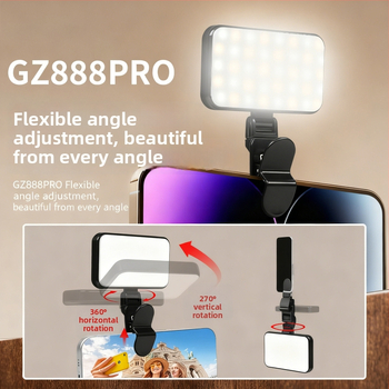 LED papildomas šviesos su klipsine tvirtinimo sistema — reguliuojamas šviesos intensyvumas, 2500–9900K spalvos temperatūra, USB maitinimas iki 10W, tinkama mobiliesiems selfiams ir planšetinių vaizdo konferencijoms