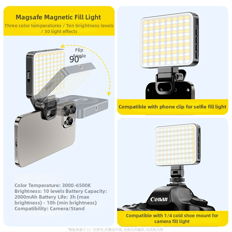 Mini papildomos šviesos magnetinis dizainas, kompakti nešiojama rankinė skirta tiesioginiams transliacijoms, selfiams ir lauko fotografavimui; trys šviesos temperatūros; 5V maitinimas