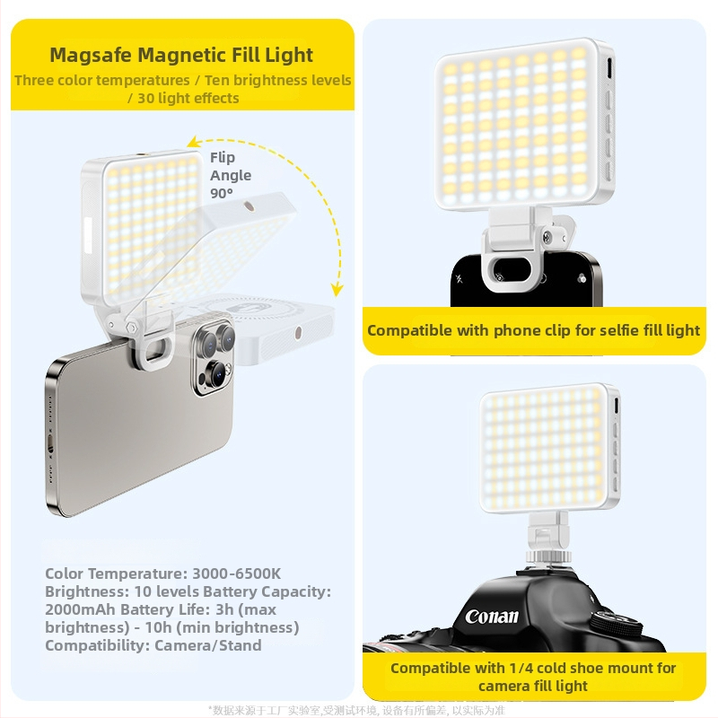Mini papildomos šviesos magnetinis dizainas, kompakti nešiojama rankinė skirta tiesioginiams transliacijoms, selfiams ir lauko fotografavimui; trys šviesos temperatūros; 5V maitinimas
