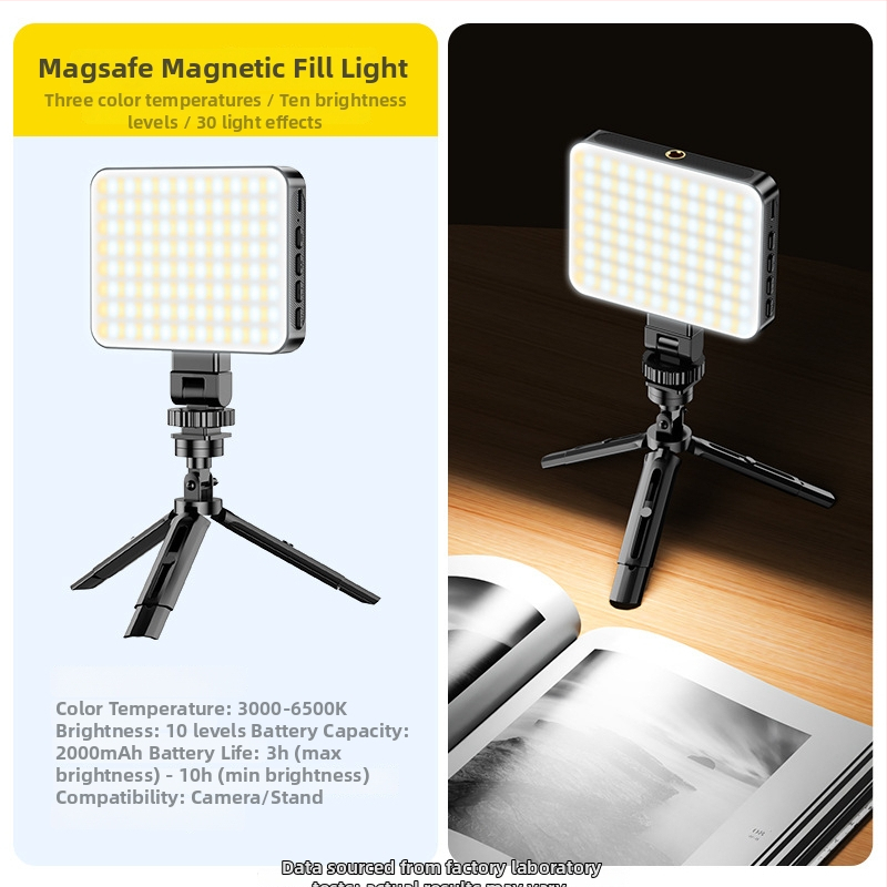 Mini papildomos šviesos magnetinis dizainas, kompakti nešiojama rankinė skirta tiesioginiams transliacijoms, selfiams ir lauko fotografavimui; trys šviesos temperatūros; 5V maitinimas
