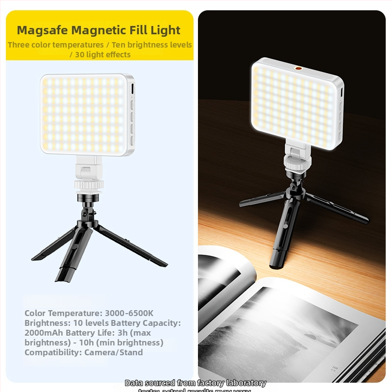 Mini papildomos šviesos magnetinis dizainas, kompakti nešiojama rankinė skirta tiesioginiams transliacijoms, selfiams ir lauko fotografavimui; trys šviesos temperatūros; 5V maitinimas