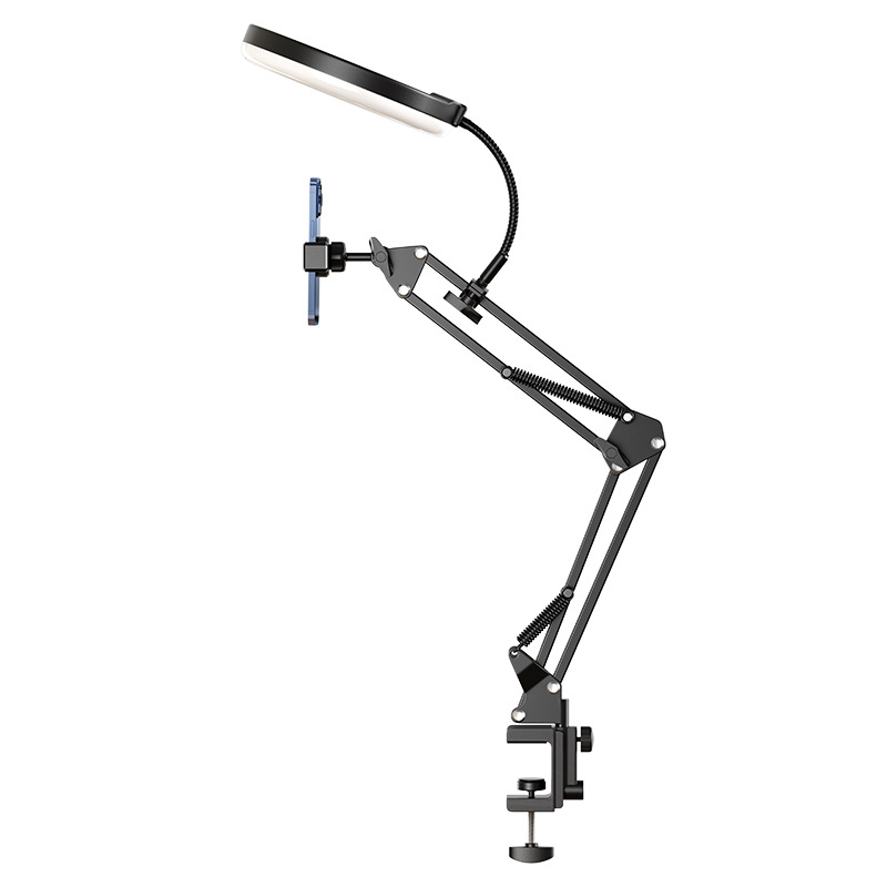 Telefono laikiklis vertikaliems/viršiniams įrašams su apšvietimu — stalinis tvirtinimas, 10–50W, 110V, modelis F10, daug pakopų reguliavimas