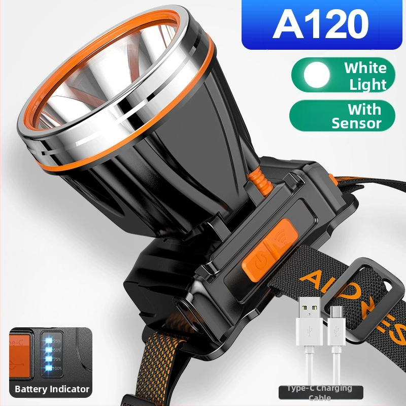 Lauko LED galvos žibintuvas – 10W, 2200mAh, rankinis įkrovimas, spindulys 200–500 m