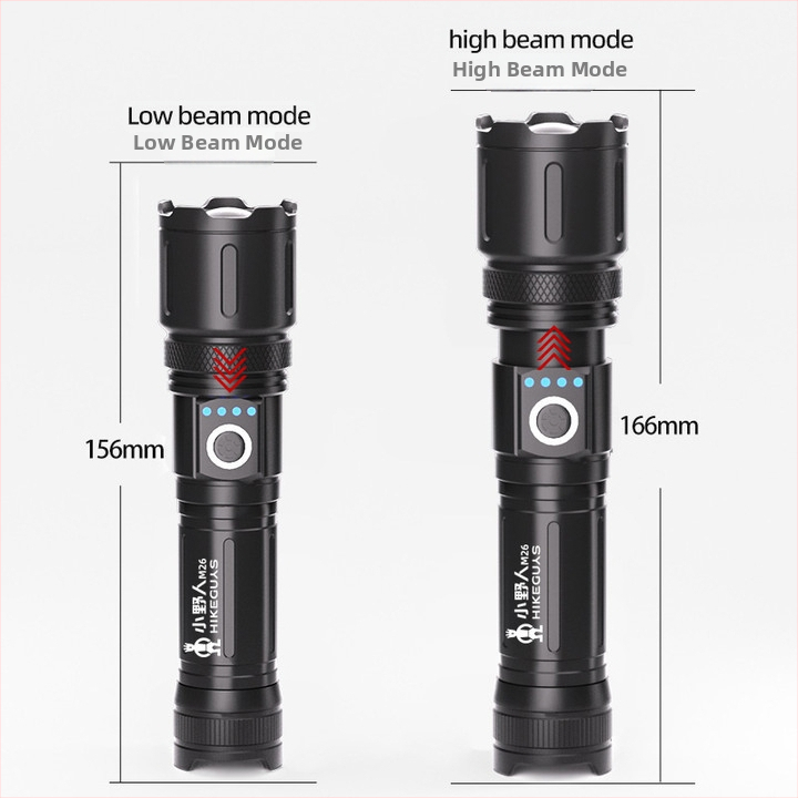 Kempingová svietidlo s nastaviteľným zoomom, núdzovým osvetlením, ručným nabíjaním a funkciou power bank, dosah 200-500 m