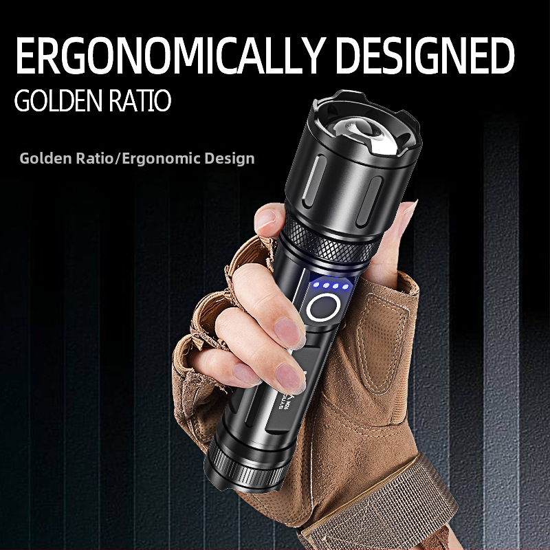 Kempingová svietidlo s nastaviteľným zoomom, núdzovým osvetlením, ručným nabíjaním a funkciou power bank, dosah 200-500 m