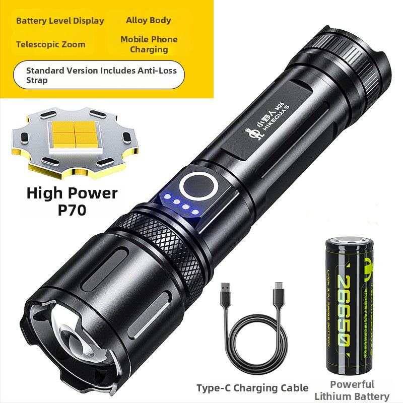 Kempingová svietidlo s nastaviteľným zoomom, núdzovým osvetlením, ručným nabíjaním a funkciou power bank, dosah 200-500 m