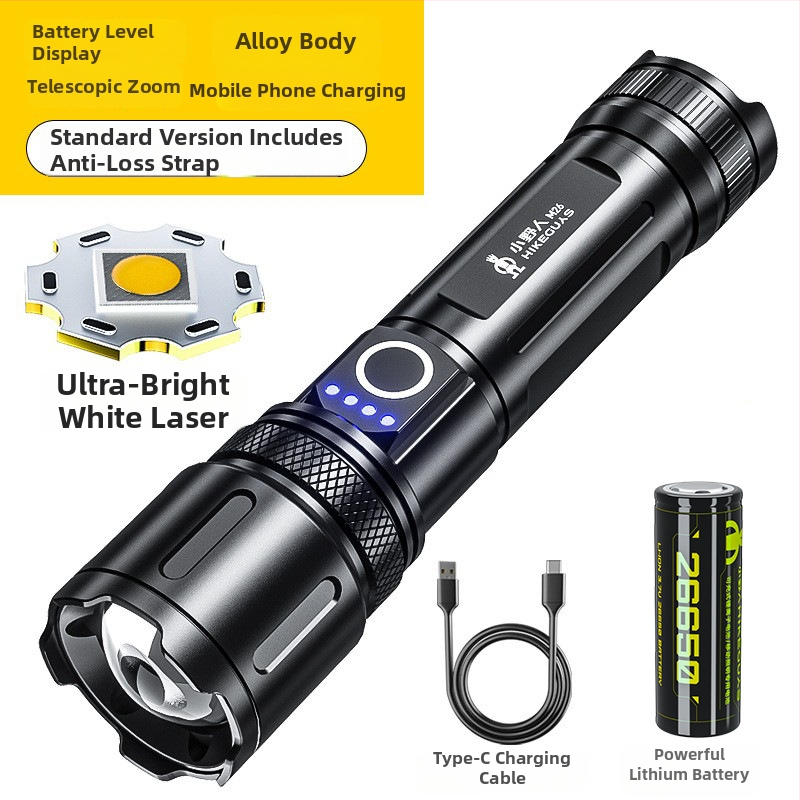 Kempingová svietidlo s nastaviteľným zoomom, núdzovým osvetlením, ručným nabíjaním a funkciou power bank, dosah 200-500 m