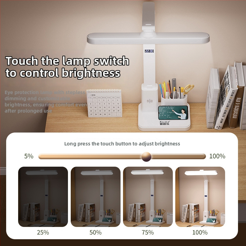 Учебна настолна LED лампа с държач за моливи, презареждаща литиева батерия, сензорен докосване, USB захранване, защита на зрението, функция за учене