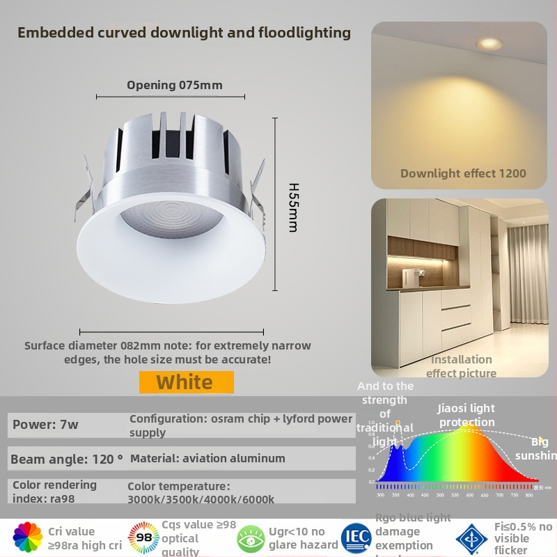 Bezokvirni zakrivljeni LED downlight, ugrađen, 220V, CRI≥90, aluminijsko kućište, skrivena instalacija