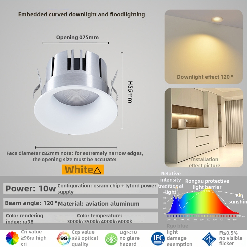 Bezokvirni zakrivljeni LED downlight, ugrađen, 220V, CRI≥90, aluminijsko kućište, skrivena instalacija