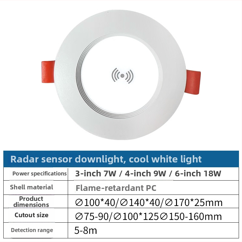 Vnútorná LED downlight s radarovým senzorom pohybu, skrytá inštalácia, inteligentné riadenie, 6–10W, 220V