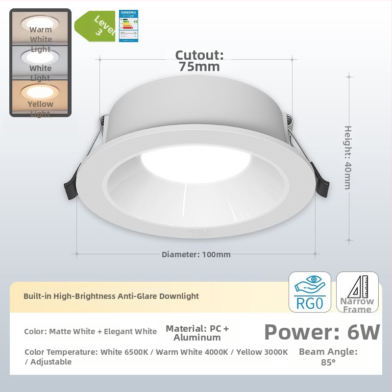 Downlight LED încastrat cu anti-orbire, cupă adâncă, pentru living și hol (LED, 220V, 6500K, CRI≥90, 15000h)