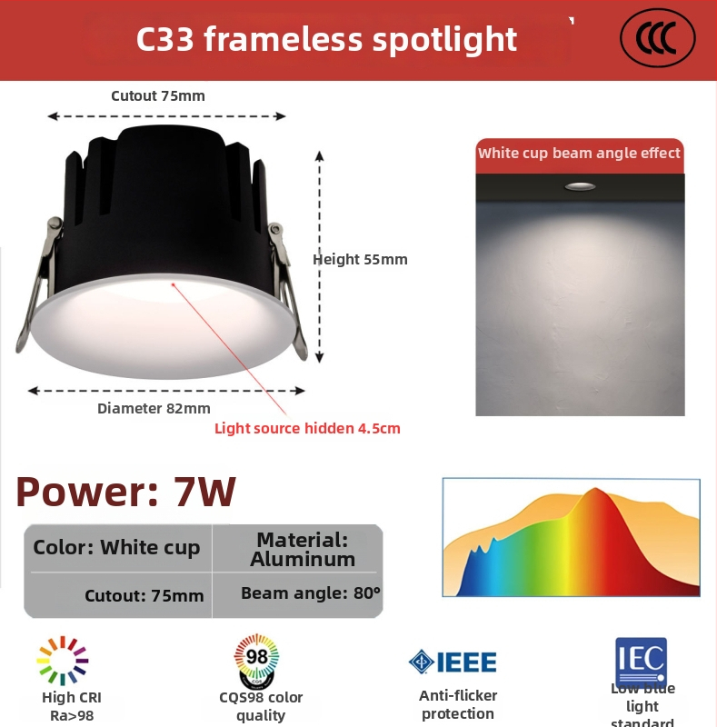 Raamita LED-downlight ümmarguse kumerdusega, sisseehitatud, COB LED, 220V, alumiiniumkorpus, ava 75 mm, üldmõõt 82 mm, 3000–6000K
