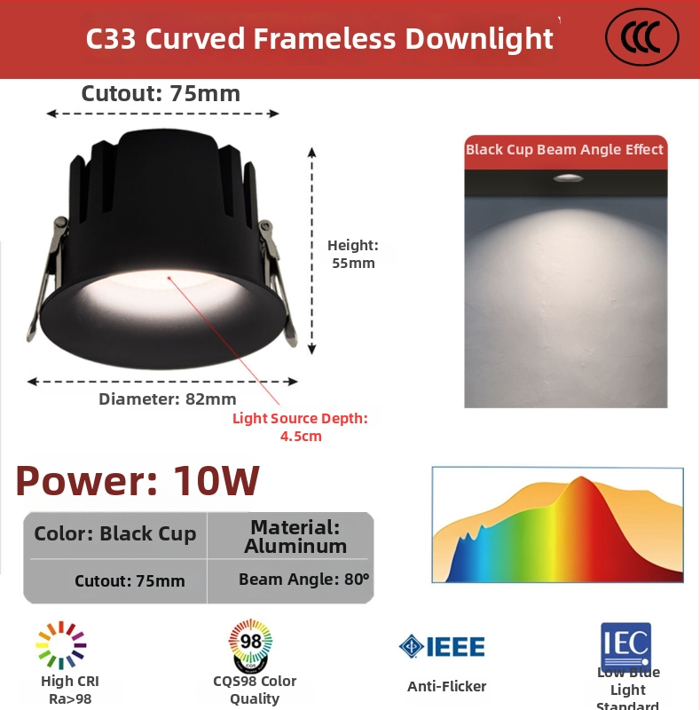 Raamita LED-downlight ümmarguse kumerdusega, sisseehitatud, COB LED, 220V, alumiiniumkorpus, ava 75 mm, üldmõõt 82 mm, 3000–6000K
