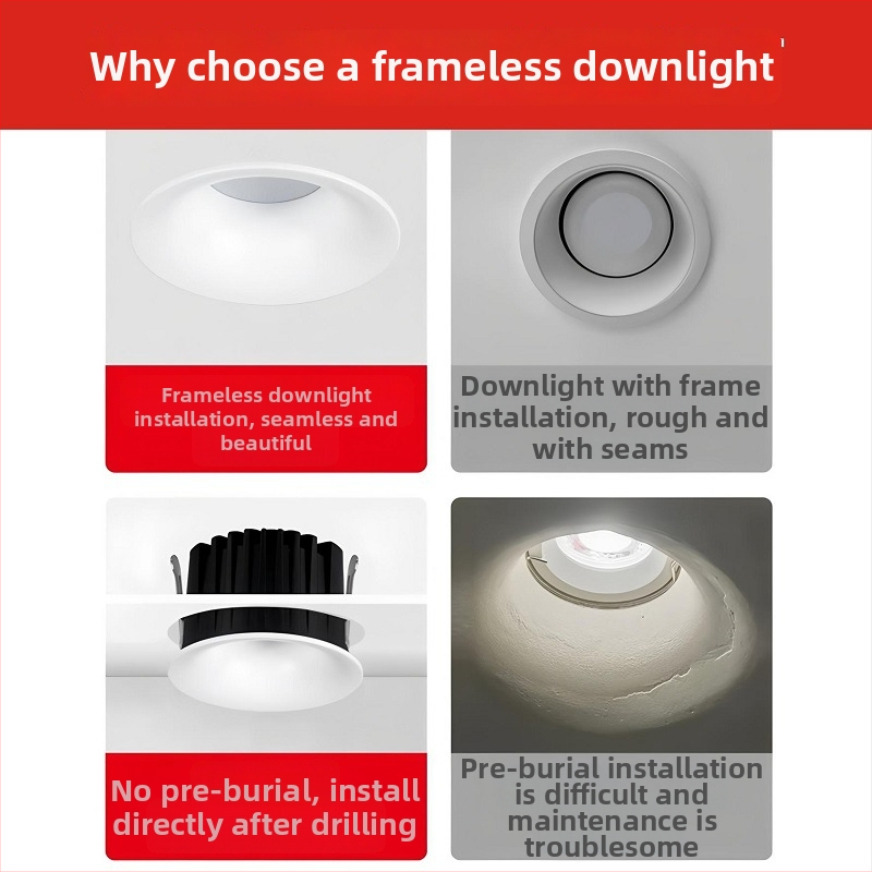 Bezrāmju LED downlight ar izliektu profilu, iebūvēts, COB LED, 220V, alumīnija korpuss, atvērums 75 mm, 82 mm kopējais izmērs, 3000–6000K