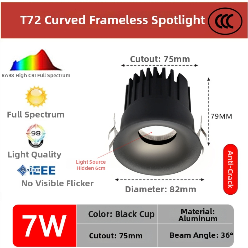 Raamita LED-downlight ümmarguse kumerdusega, sisseehitatud, COB LED, 220V, alumiiniumkorpus, ava 75 mm, üldmõõt 82 mm, 3000–6000K
