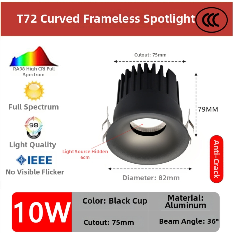 Raamita LED-downlight ümmarguse kumerdusega, sisseehitatud, COB LED, 220V, alumiiniumkorpus, ava 75 mm, üldmõõt 82 mm, 3000–6000K