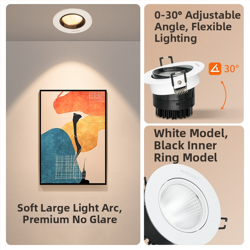 Įmontuotas COB LED prožektorius, aliumininis lubų šviestuvas, reguliuojamas spindulio kampas, CRI 80–89, 220V, Trio Aurora