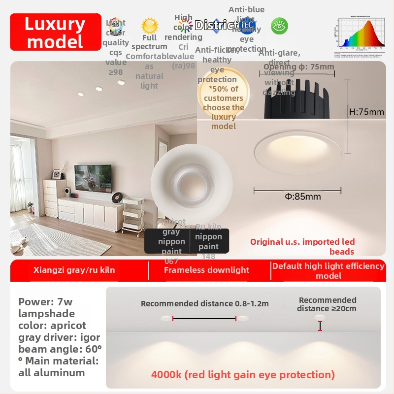 Spot LED încastrat fără ramă, anti-strălucire, 2700–6500K, 220V, corp din aluminiu, montaj ascuns, durată de viață 50.000 h