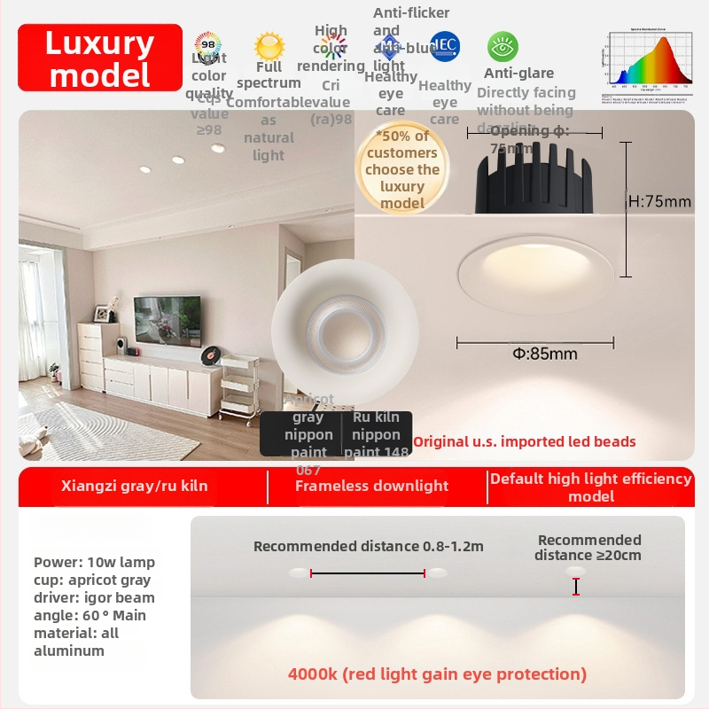 Spot LED încastrat fără ramă, anti-strălucire, 2700–6500K, 220V, corp din aluminiu, montaj ascuns, durată de viață 50.000 h