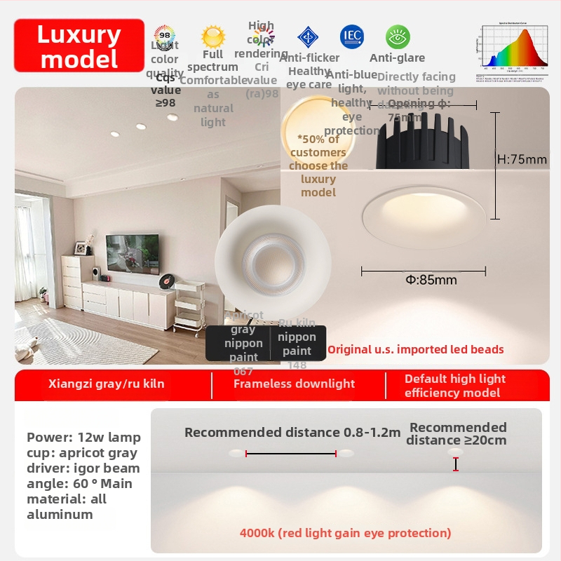 Spot LED încastrat fără ramă, anti-strălucire, 2700–6500K, 220V, corp din aluminiu, montaj ascuns, durată de viață 50.000 h