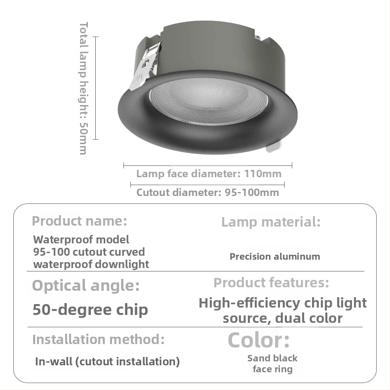 Downlight COB IP65 rezistent la apă, 220V, 2700-600K, carcasă din aluminiu