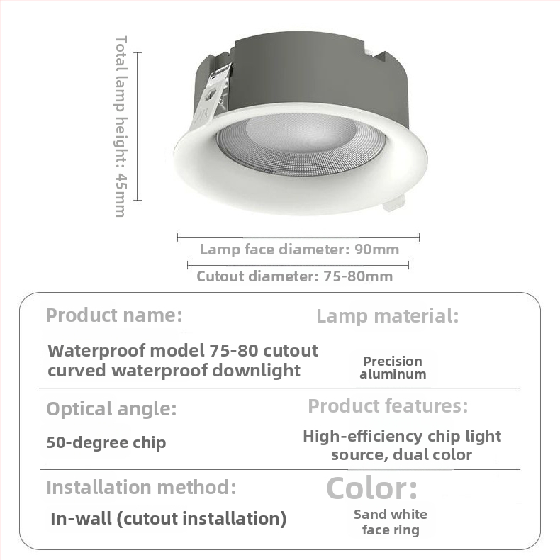 Downlight COB IP65 rezistent la apă, 220V, 2700-600K, carcasă din aluminiu