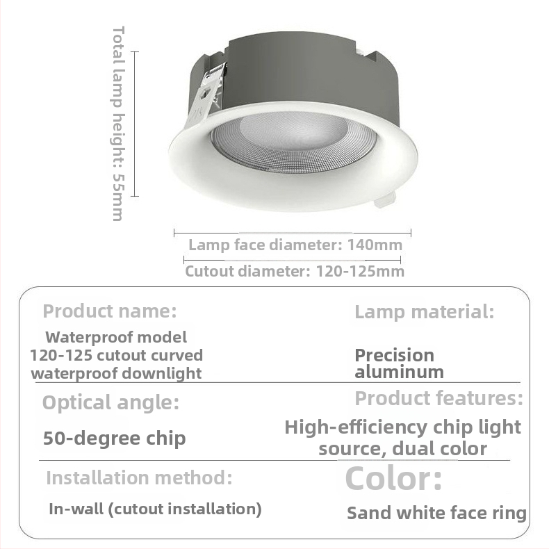 Downlight COB IP65 rezistent la apă, 220V, 2700-600K, carcasă din aluminiu