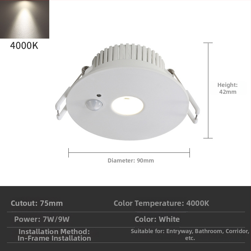 LED downlight infrapuna liikumisensoriga, peidetud lakke, 85–265 V, 630–810 lm, 3000K/4000K/6000K