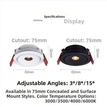 Seinasse paigaldatav COB spott LED 3W, ultraõhuke, kiirgusnurkade 3°/8°/15°, CRI ≥95, 220V