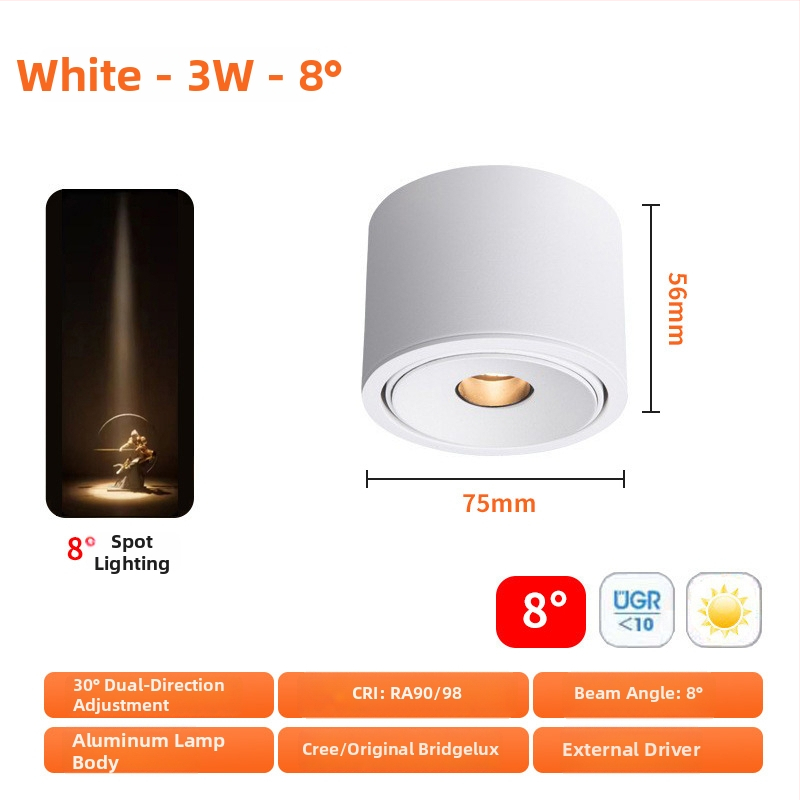 Seinasse paigaldatav COB spott LED 3W, ultraõhuke, kiirgusnurkade 3°/8°/15°, CRI ≥95, 220V