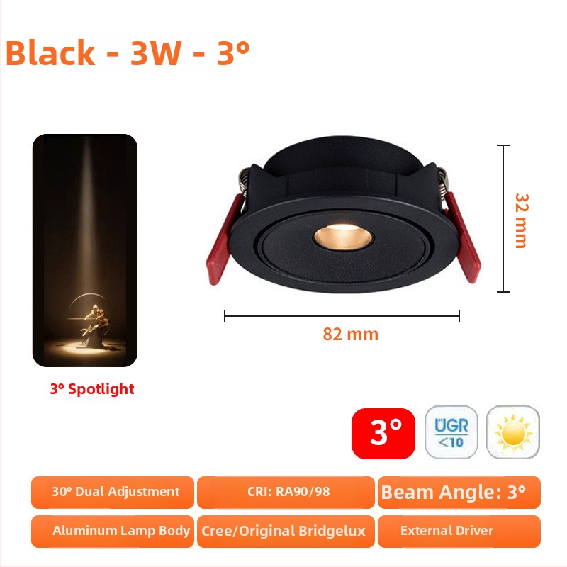Seinasse paigaldatav COB spott LED 3W, ultraõhuke, kiirgusnurkade 3°/8°/15°, CRI ≥95, 220V