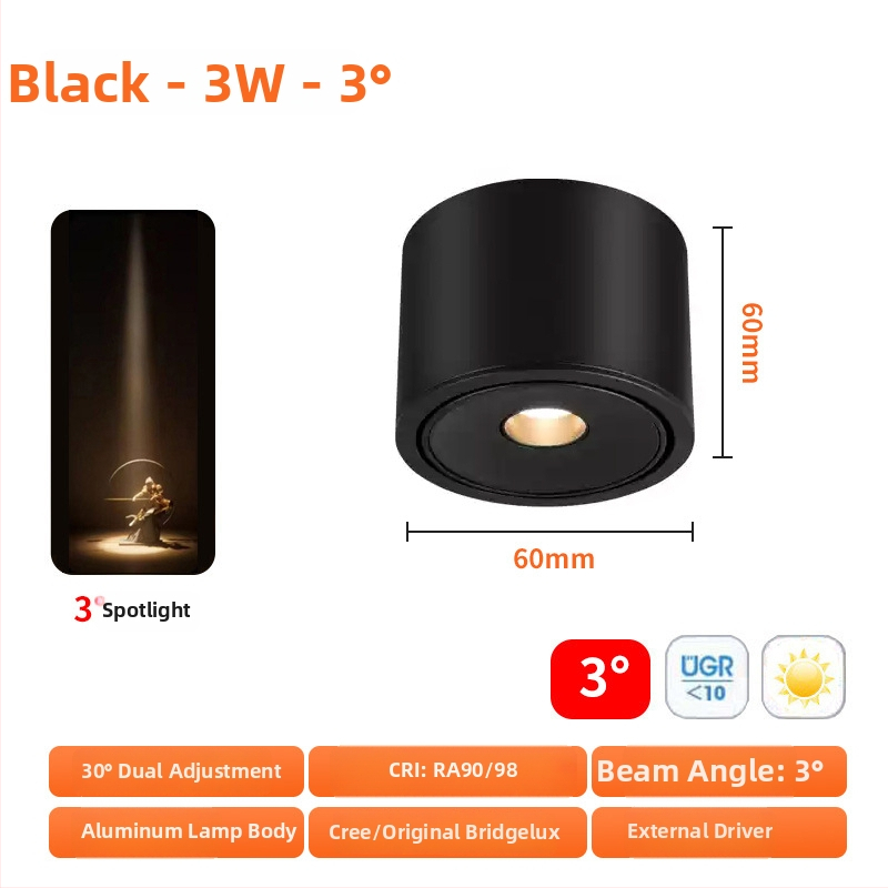 Seinasse paigaldatav COB spott LED 3W, ultraõhuke, kiirgusnurkade 3°/8°/15°, CRI ≥95, 220V
