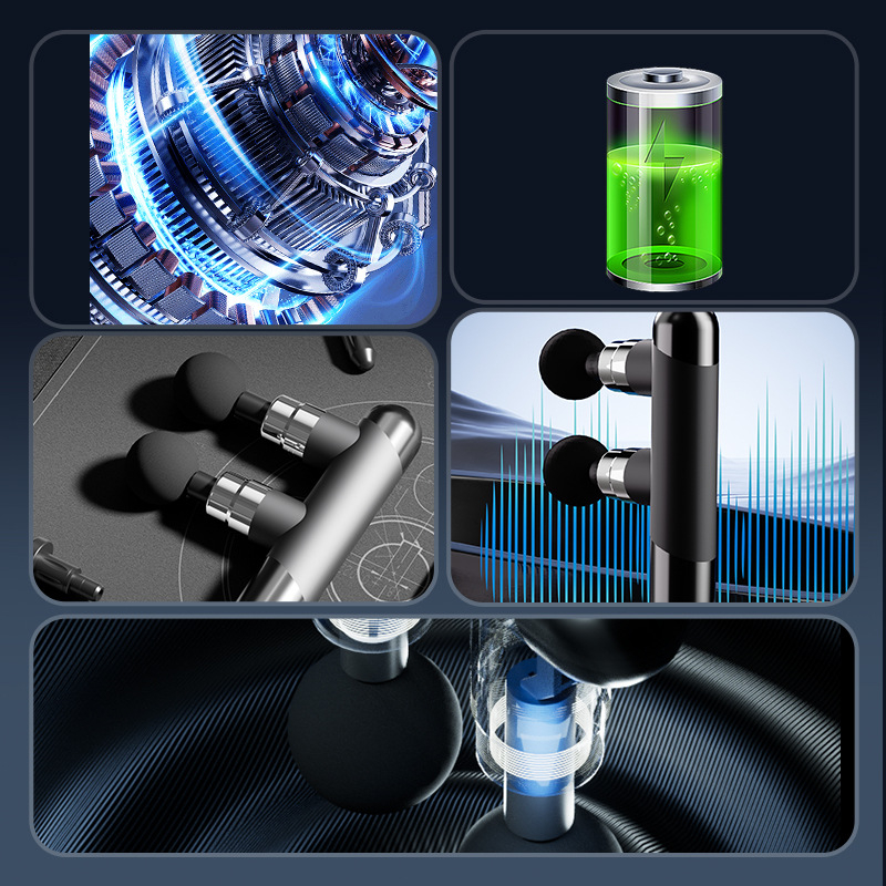 Kompaktni fascia masazer – ugrađena baterija 1200–2000 mAh, 5+ brzina, dva nastavka za masiranje, niska razina buke 36–45 dB