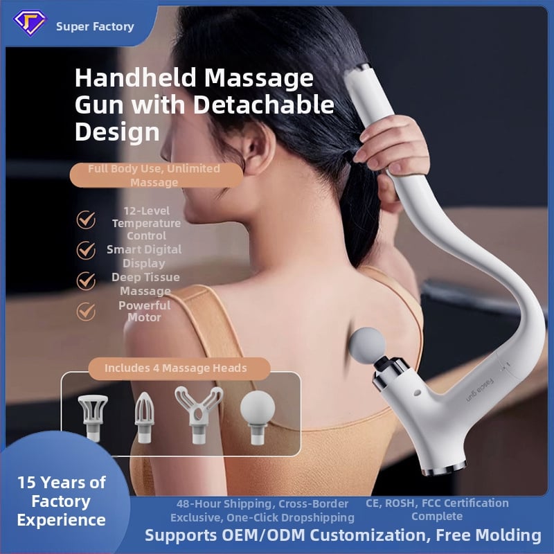 Odvojivi ručni mišićno-fasijalni masažer s dugom drškom i zakrivljenom glavom, za kućnu upotrebu, kefni motor, 5+ brzina, 1 glavica za masažu, ugrađena baterija 1200–2000 mAh, tiho djelovanje