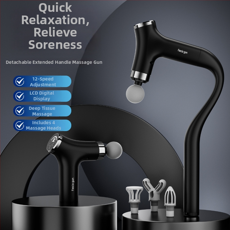 Odvojivi ručni mišićno-fasijalni masažer s dugom drškom i zakrivljenom glavom, za kućnu upotrebu, kefni motor, 5+ brzina, 1 glavica za masažu, ugrađena baterija 1200–2000 mAh, tiho djelovanje
