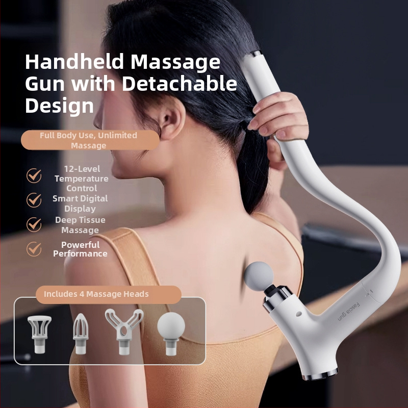 Odvojivi ručni mišićno-fasijalni masažer s dugom drškom i zakrivljenom glavom, za kućnu upotrebu, kefni motor, 5+ brzina, 1 glavica za masažu, ugrađena baterija 1200–2000 mAh, tiho djelovanje