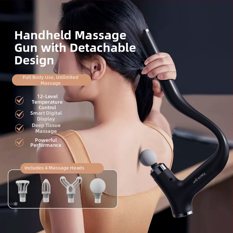 Odvojivi ručni mišićno-fasijalni masažer s dugom drškom i zakrivljenom glavom, za kućnu upotrebu, kefni motor, 5+ brzina, 1 glavica za masažu, ugrađena baterija 1200–2000 mAh, tiho djelovanje