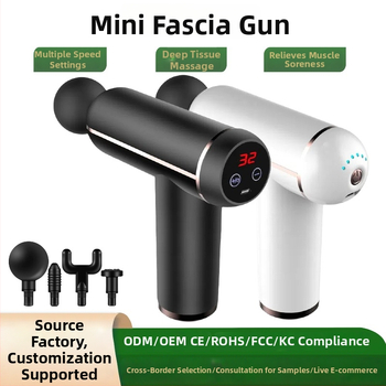 Mini fascijos masažuoklis su įmontuota baterija, šepetinis variklis, 4 masažo antgaliai, karštojo kompresijos funkcija, LCD ekranas su 32 lygiais