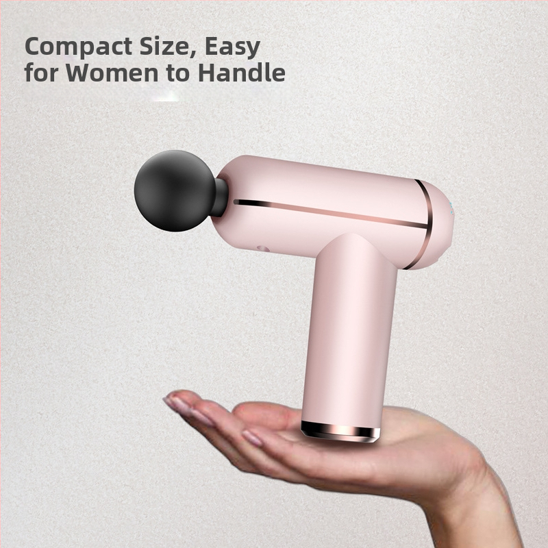 Mini fascijos masažuoklis su įmontuota baterija, šepetinis variklis, 4 masažo antgaliai, karštojo kompresijos funkcija, LCD ekranas su 32 lygiais