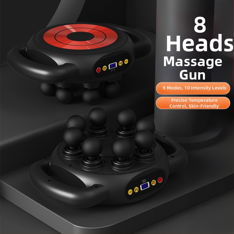 Fascia Gun raumenų masažuoklis - 4 galvos, šepetėlinis variklis, įmontuota baterija 1200–2000 mAh, LCD ekranas, 5+ greičio lygiai (triukšmas < 36 dB)