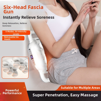 Šešių galvų fascijos masažuoklis su įmontuota baterija 2000–4000 mAh, veikimo laikas 6–8 valandos, daugiau nei 5 greičio režimai, tyliai veikia (<36 dB)