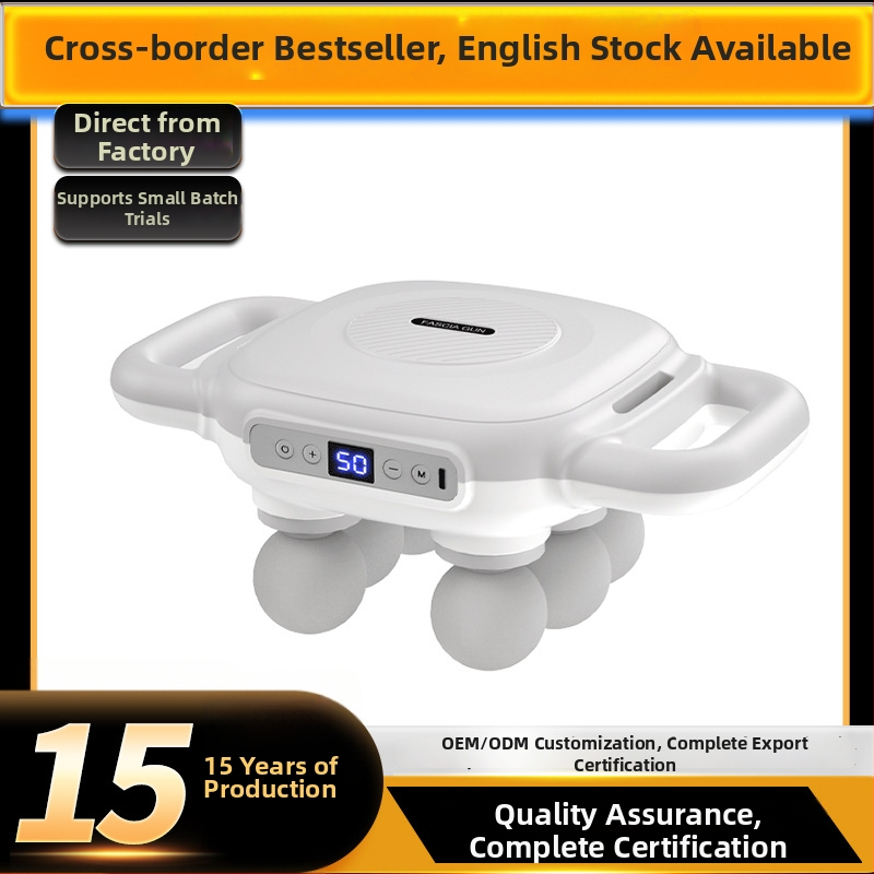 Šešių galvų fascijos masažuoklis su įmontuota baterija 2000–4000 mAh, veikimo laikas 6–8 valandos, daugiau nei 5 greičio režimai, tyliai veikia (<36 dB)