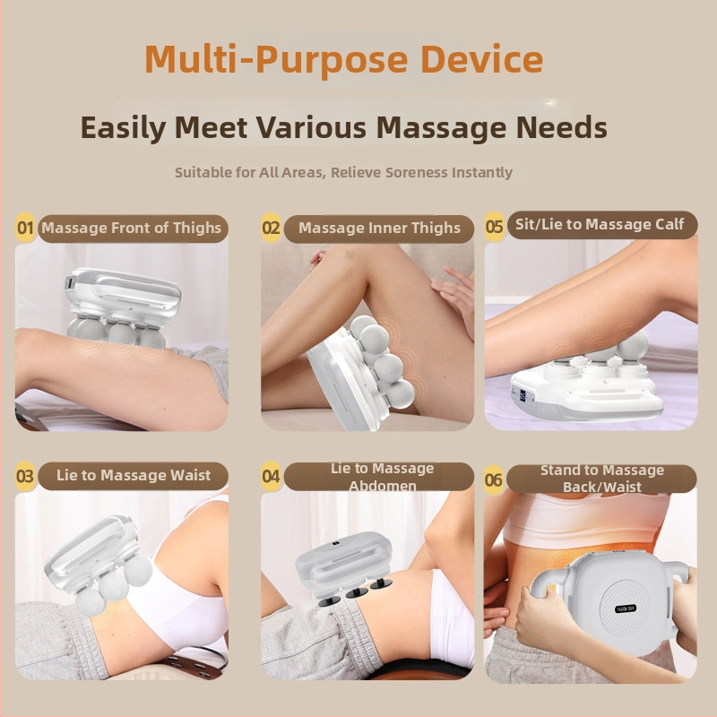 Šešių galvų fascijos masažuoklis su įmontuota baterija 2000–4000 mAh, veikimo laikas 6–8 valandos, daugiau nei 5 greičio režimai, tyliai veikia (<36 dB)